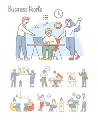 Teamwork line art vector set. Office workplace, meeting. People working together in the office. Flat vector illustration.