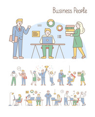 Teamwork line art vector set. Office workplace, meeting. People working together in the office. Flat vector illustration.