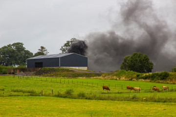 Fototapeta na wymiar Thick black smoke from burning rubber tyres on a farm