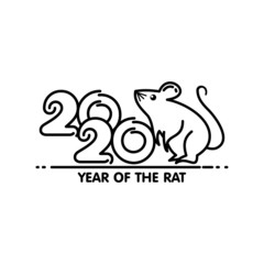 Chinese new year 2020 lettering and logotype, designed with black line design, related number and mouse or rat icon for celebrating Year of the rat