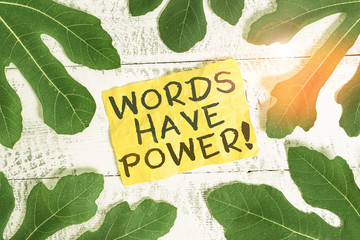 Text sign showing Words Have Power. Business photo text as they has ability to help heal hurt or harm someone Leaves surrounding notepaper above a classic wooden table as the background