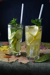 lemon, lime with water and mint in a glass jar