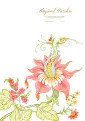 Fantasy flowers in retro, vintage, jacobean embroidery style. Pattern, background. Template for wedding invitation. Colored vector illustration