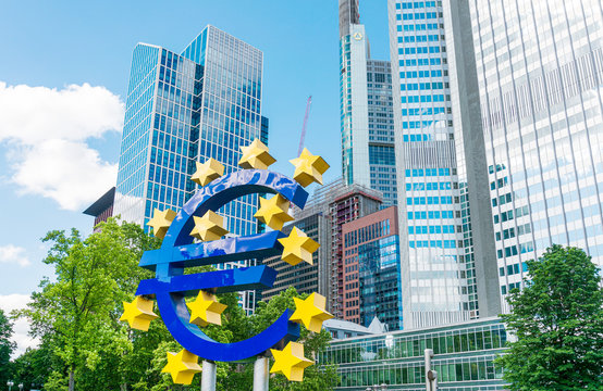 Frankfurt, Germany - June 12, 2019: Euro Sign. European Central Bank (ECB) is the central bank for the euro and administers the monetary policy of the Eurozone in Frankfurt, Germany.