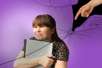 woman with documents listens to an unpleasant reprimand, feels insult and humiliation from a man,...