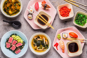 Table with traditional japanese food.