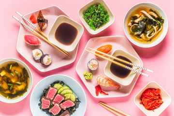Table with traditional japanese food.