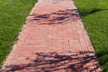 paving garden path and green lawn