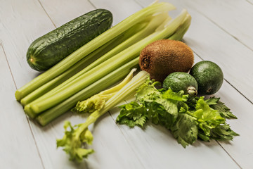 The process of making a vitamin smoothie from fruits and vegetables. Proper and wholesome nutrition. Diet.