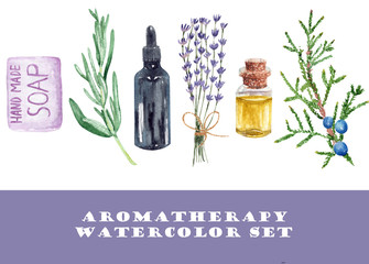 Aromatherapy and essential oils set of watercolor illustrations with handmade soap, lavender and rosemary.