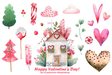 Set of watercolor illustrations for Valentine's Day design.