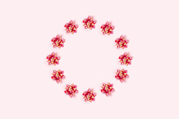 Christmas pink background with circle frame of bows.