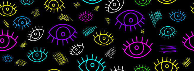 Seamless psychedelic pattern eyes linear pattern, neon colors on a black background, hipster print for fabric. Modern design for the fabric. Vector hand drawn eyes with lash abstract background