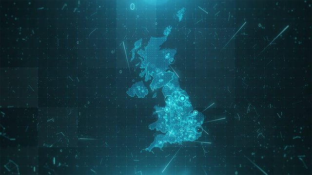 United Kingdom map with with animation camera, glowing round connections in different places and other visual effects.