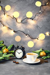 Morning coffee composition. Christmas picture.