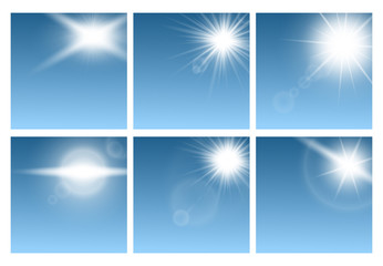 Sun rays effect templates set, realistic vector illustration on blue background.