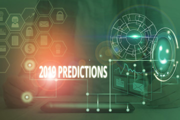 Conceptual hand writing showing 2019 Predictions. Concept meaning statement about what you think will happen in 2019 Picture photo network scheme with modern smart device