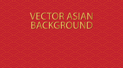 Vector asian background. Seamless red japanese wave pattern. Repeating ocean water curve chinese texture. Gold line art illustration. Vintage geometric shape retro sea ornament