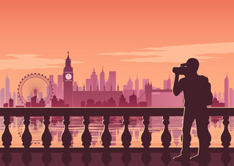 tourist take photo of famous place called Big Ben,landmark of England on sunset time,vintage color style,vector illustration - obrazy, fototapety, plakaty