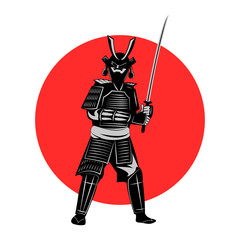 Samurai hold sword in front of red circle,warrior of japan,monochrome realistic design,vector illustration