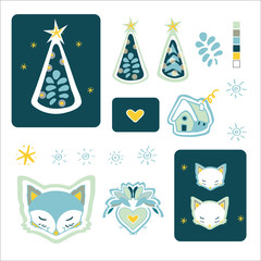 Set of cute Christmas design elements with woodland animals. Hand drawn background. Cute for printing. Folk art background vector, illustration. Happy New Year. Winter time