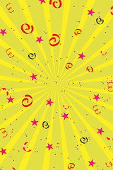 stars, balloons and ribbons on a yellow background. Light festive background