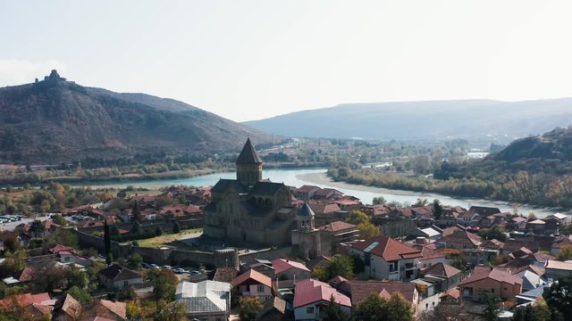 The city of Mtskheta. Svetitskhoveli Cathedral. Georgia in all its glory. Beautiful view of the mountains.  The city of Mtskheta. SJvari Monastery. Georgia in all its glory. 