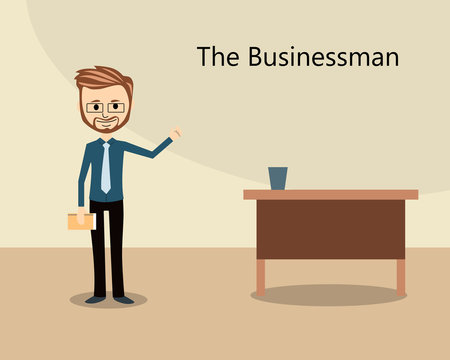 a character design business person, who is standing and pointing something with a table next to that person