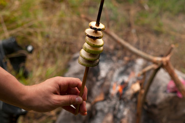 Grilled vegetable kebab on skewer with zucchini.Buschcraft Breakfast
