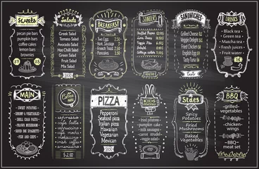 Fotobehang Chalk menu set on a blackboard - sweets, salads, breakfast, starters, sandwiches, etc. © LP Design