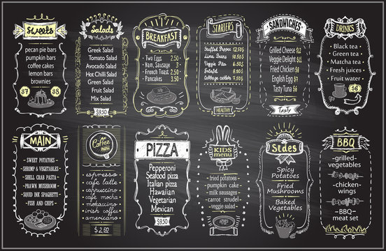 Chalk menu set on a blackboard - sweets, salads, breakfast, starters, sandwiches, etc.