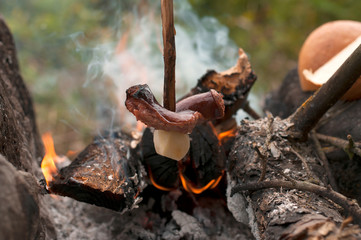 Picnic in the wood: grilled sausages on camp fire