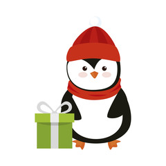 merry christmas cute penguin with gift box vector illustration design