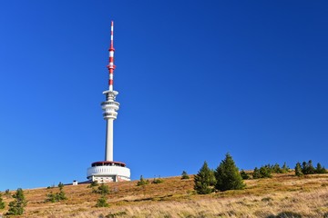 Obraz premium Highest Peak of Moravia, Praded 1492 m. Transmitter and lookout tower on the hill. Jeseniky Mountains Czech Republic