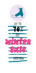 WINTER SALE-hand drawn lettering card background. Pink volumetic inscription with skates. Design sportswear, clothes for  banner, flyer, invitation, poster, discount. Vector illustration.