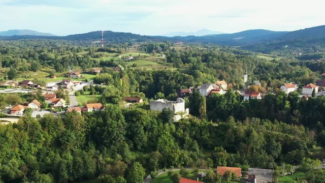 Croatia, countryside landscape, fortress and town of Slunj, aerial drone shot