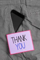 Text sign showing Thank You. Business photo showcasing a polite expression used when acknowledging...