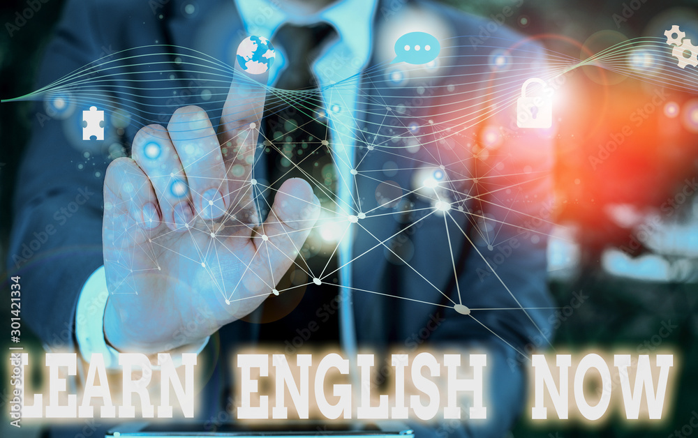 Poster writing note showing learn english now. business concept for gain or acquire knowledge and skill of 