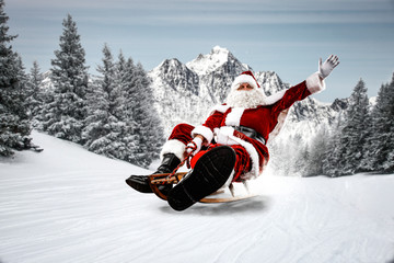 Red Santa Claus riding a wooden sled. An older man with a beard delivers presents to a child....