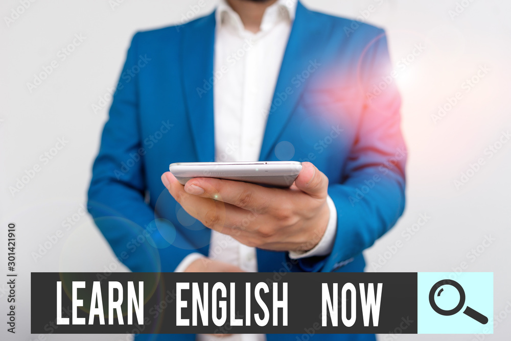 Poster writing note showing learn english now. business concept for gain or acquire knowledge and skill of 