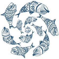 fish,ornament,cartoon,  pattern, template, postcard, spiral,