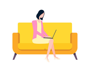 Freelancer working from home, lady sitting on sofa, furniture at house, comfortable atmosphere for work and productivity, person with computer. Vector illustration in flat cartoon style