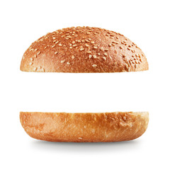 Open burger bun on white background - obrazy, fototapety, plakaty