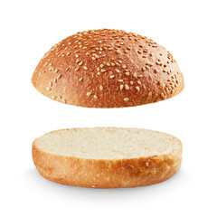 Open burger bun on white background