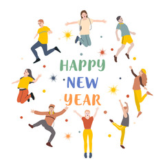 Jumping people isolated on white background. Happiness, freedom, motion and people concept. Flat simple set of people