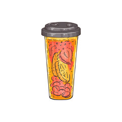 Lemon and peach cocktail drink in closed takeout plastic cup
