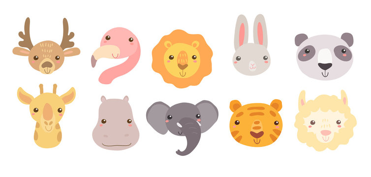 Cute sweet little animals head collection with smiling faces. Hand drawn vector art. Kids nursery scandinavian illustration for print. Graphic design for apparel.