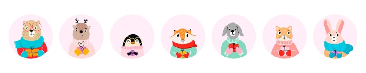 Set of cute animals in clothes with gift. Vector illustration. All elements isolated. Eps 10.