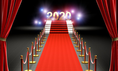 red carpet and gold-colored 2020 writing to celebrate the new year.