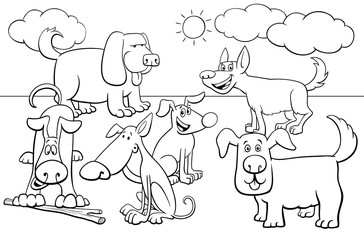 dog characters group coloring book page